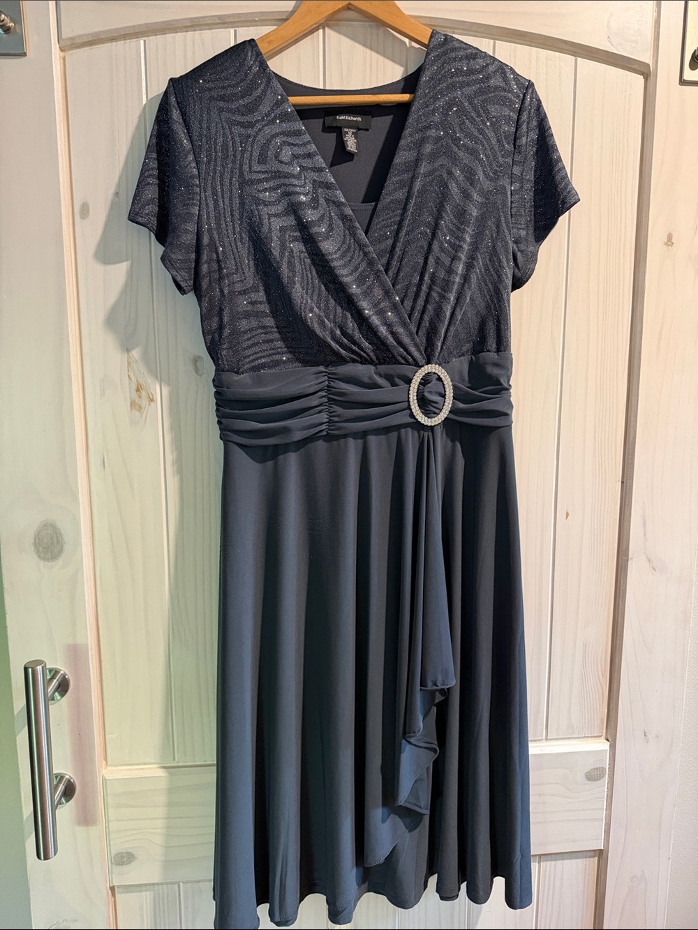 Gina Bacconi Navy Midi Faux-Wrap Dress with Sparkle Bodice